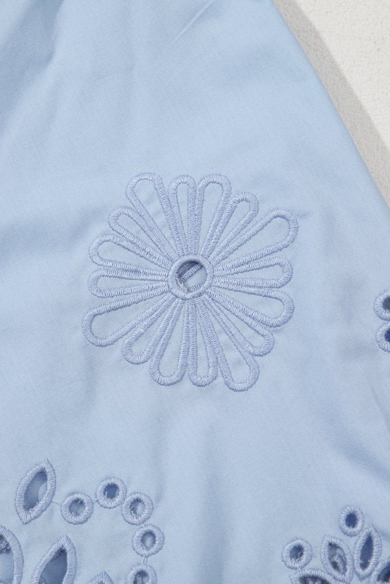 Beau Blue Eyelet Flower Embroidered Puff Short Sleeve Blouse - Love Salve